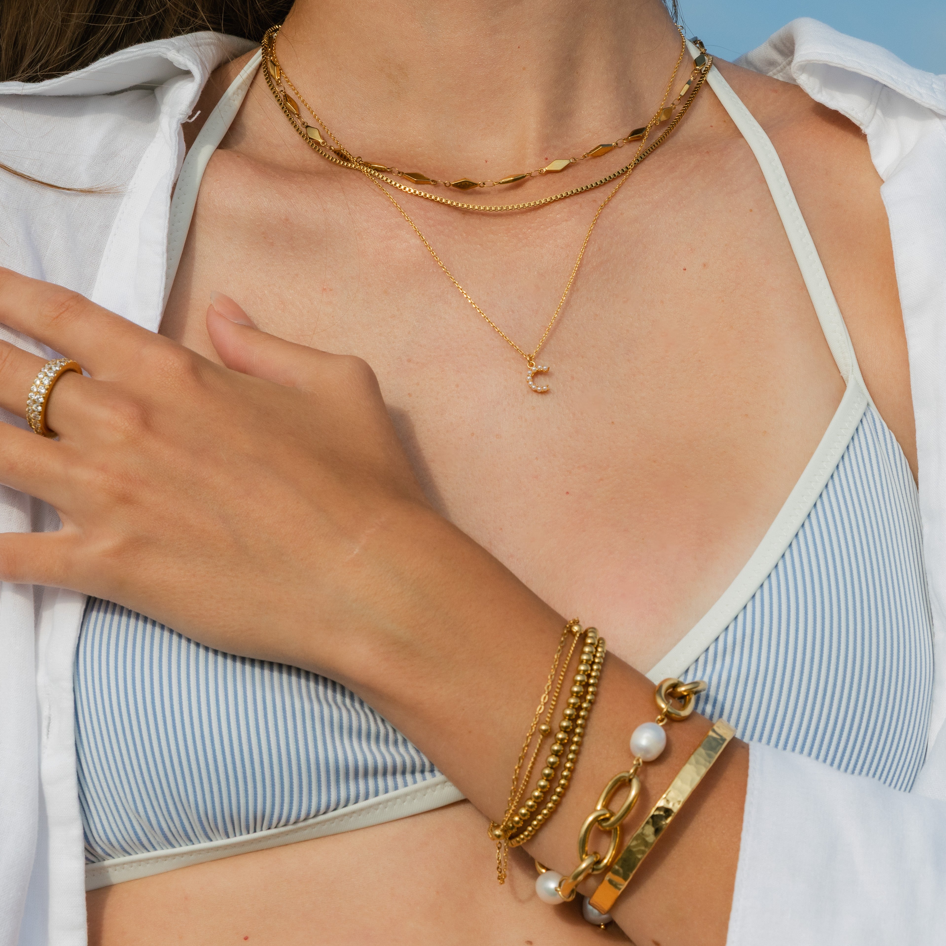 Waterproof Dainty Gold Double Beaded Bracelet Set