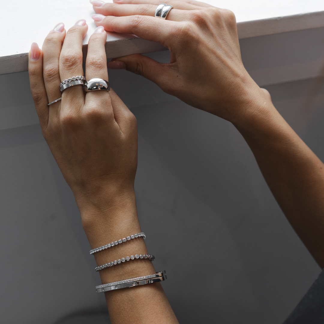 Waterproof Silver Dainty Diamond Ring Band